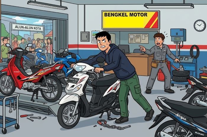 Ilustrasi maling Yamaha Mio yang sedang servis di bengkel karena problem di mesin