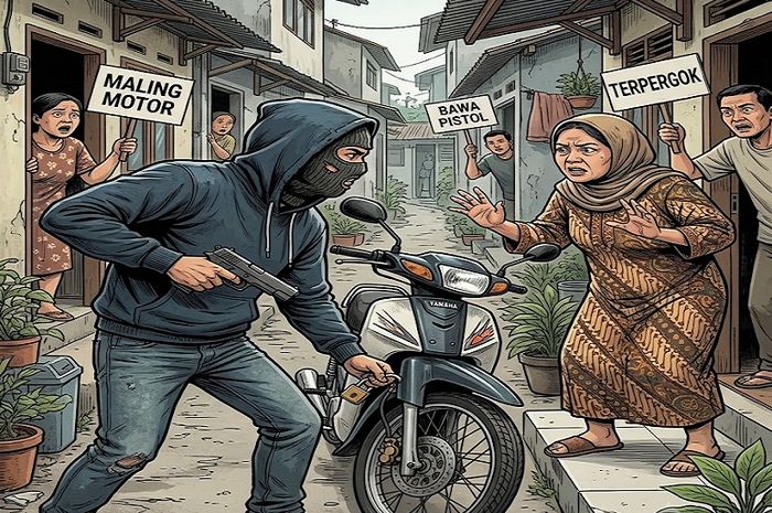 Ilustrasi pelaku maling motor todongkan pistol ke ibu-ibu saat tepergok