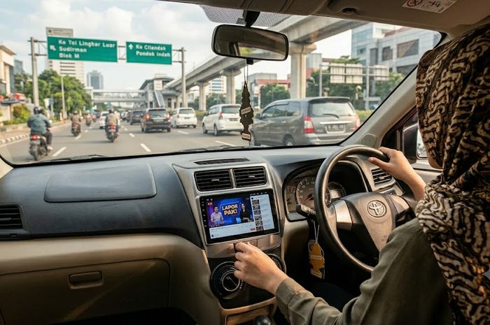 Ilustrasi mengemudikan mobil sambil melihat video dari head unit, sesuai aturan ternyata bisa ditilang