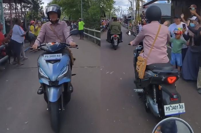 Wakil Presiden Republik Indonesia, Gibran Rakabuming Raka, menggunakan motor saat melakukan kunjungan kerja ke Agats, Asmat, Papua