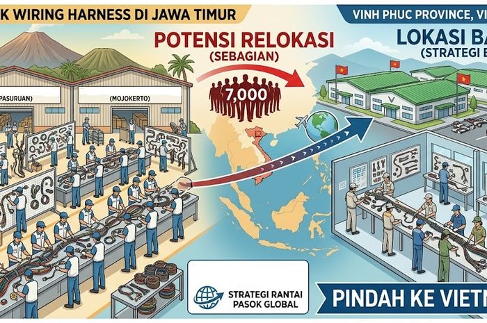 Ilustrasi gambar pabrik komponen otomotif yang produksi di Mojokerto dan Pasuruan akan pindah ke Vietnam