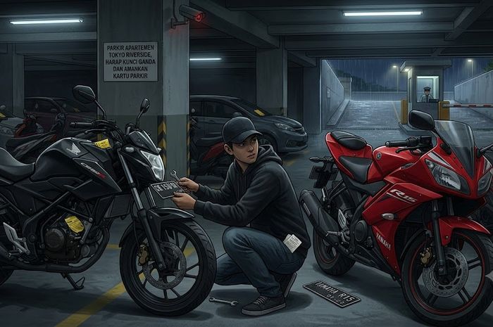 Ilustrasi pencurian Honda CB150R dan Yamaha R15 di area parkir apartemen Tokyo Riverside PIK 2, Kabupaten Tangerang, Banten dengan modus cari kartu parkir tertinggal dan tukarkan pelat nomor