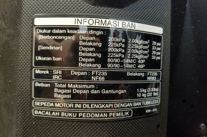 informasi tekanan angin ban motor depan belakang