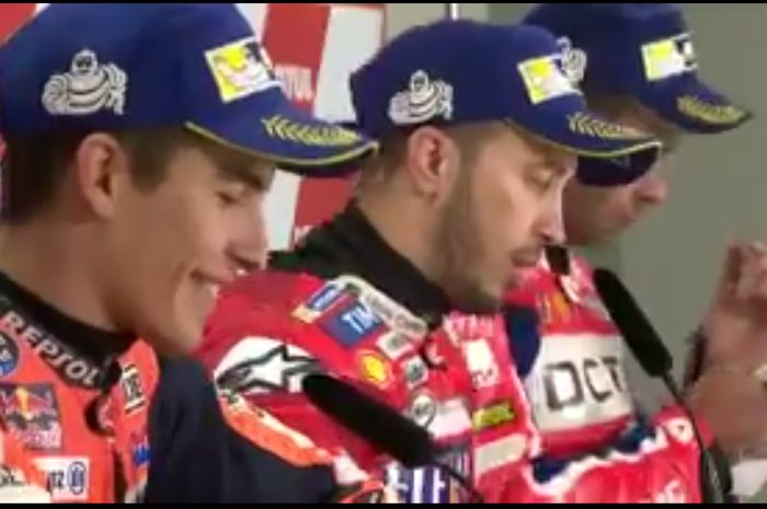 Marc Marquez, Andrea Dovizioso dan Danillo Petucci usai MotoGP Jepang