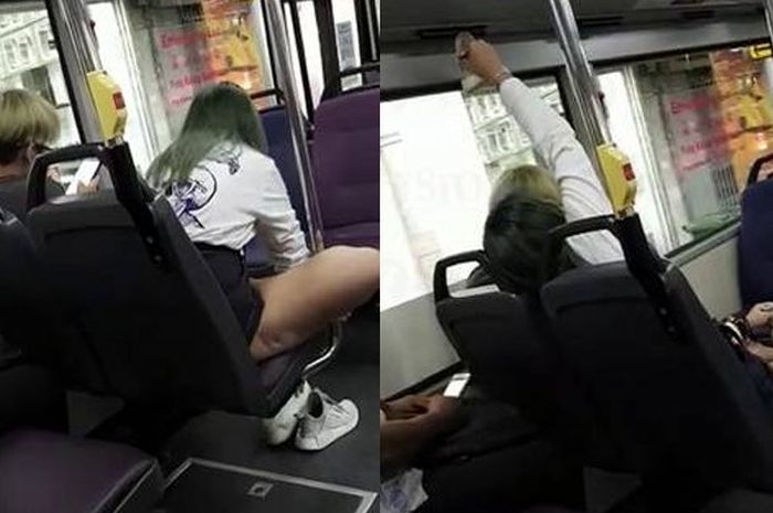 Seorang perempuan di Singapura mengeringkan sepatunya di blower AC bus