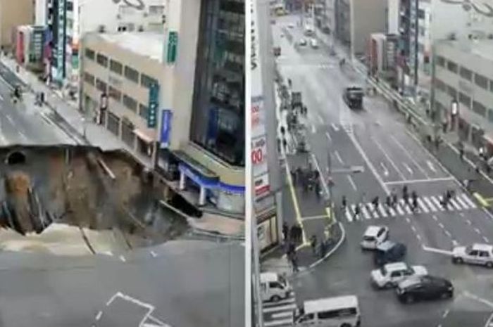 Lubang raksasa di Fukuoka, Jepang, sebelum dan setelah perbaikan