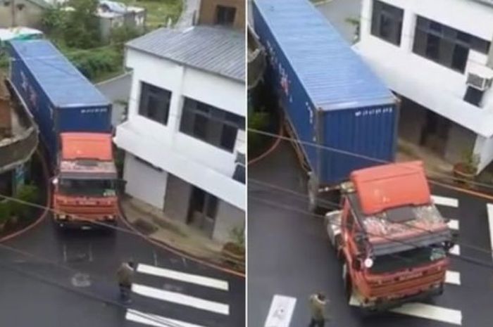 Truk berhasil melewati jalan sempit