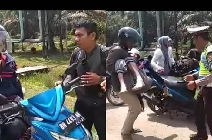 Polisi membantu pengendara motor yang ternyata sedag mengangkut jenazah