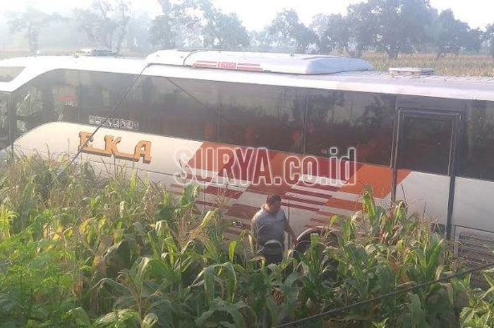 Bus PO Eka mengalami kecelakaan  di pertigaan Jampirogo Sooko Kabupaten Mojokerto (20/11/2018)