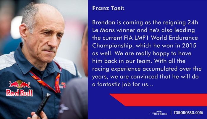 Franz Tost selaku team principal Toro Rosso mengaku senang mengumumkan Brandon Hartley balapan untuk timnya di GP F1 Amerika