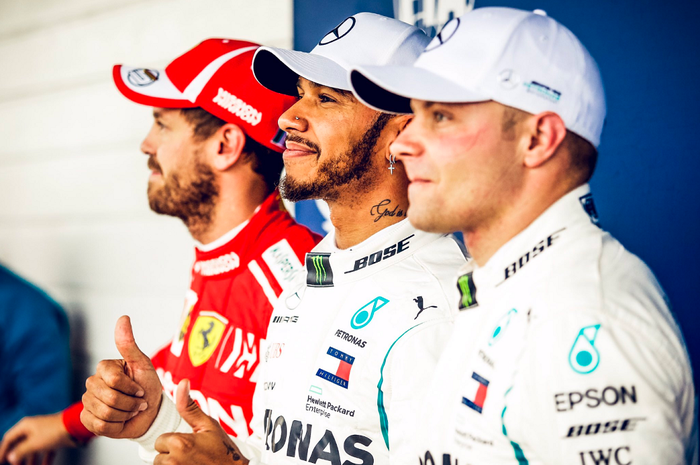 Sebastian Vettel, Lewis Hamilton, dan Valtteri Bottas usai kualifikasi F1 Brasil 2018