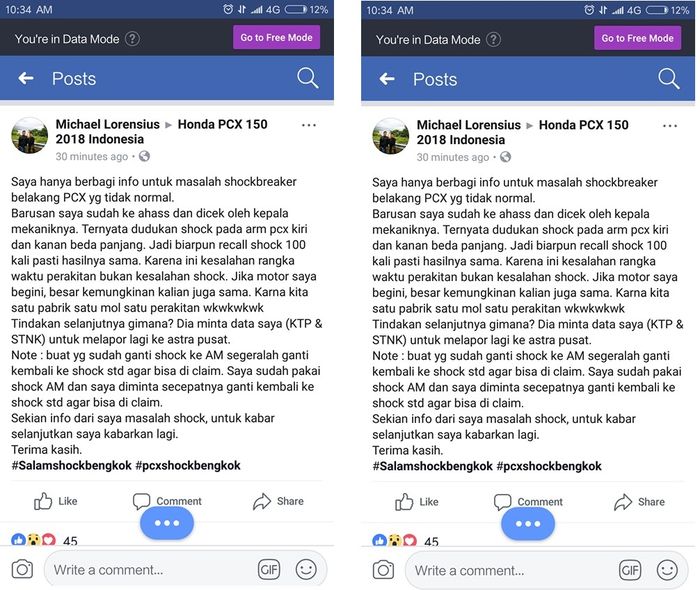 Postingan pengguna facebook terkait kasus suspensi pcx 150 lokal