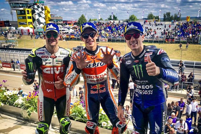Marc Marquez, Maverick Vinales dan Cal Crutchlow berhasil berdiri di podium MotoGP Jerman 2019 