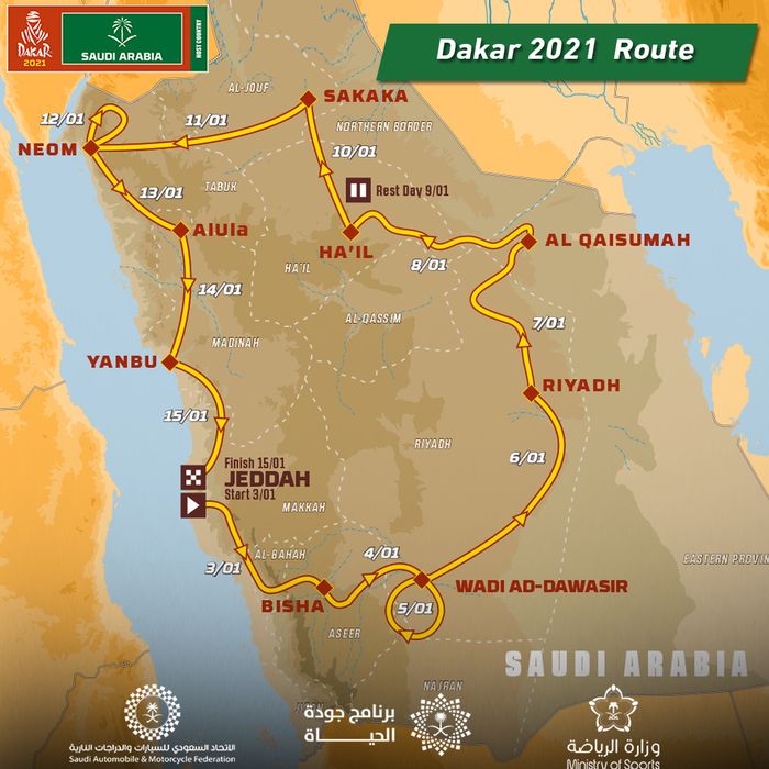 Rute Reli Dakar 2021 di Arab Saudi yang berlangsung dari tanggal 3 sampai 15 Januari 2021