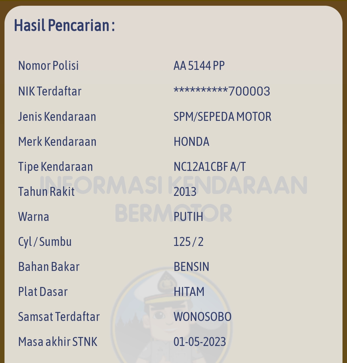Pelat nomor 'AA 5144 PP' asli adalah milik Honda Vario 125 asal Wonosobo, Jawa Tengah.