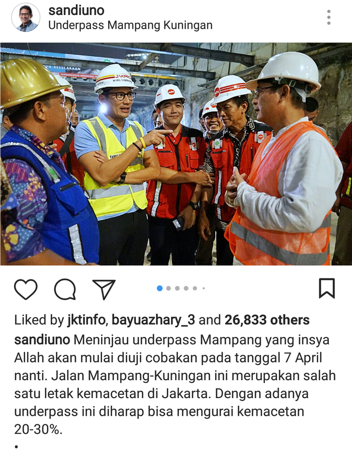 Wakil Gubernur DKI Jakarta Sandiaga Uno saat meninjau ke lokasi underpass Mampang-Kuningan beberapa 