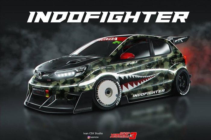 Modifikasi digital Honda Brio bercorak kamuflase gaya time attack
