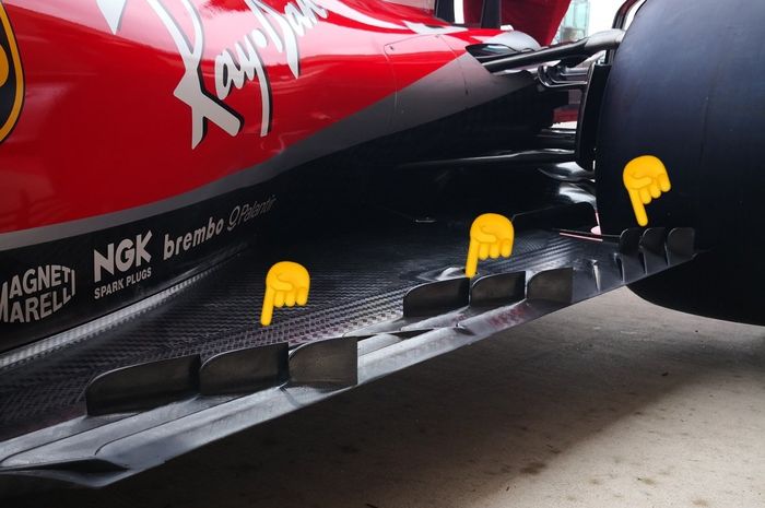 Ini desain deflektor pada lantai mobil Ferrari SF71H yang terletak di depan ban belakang untuk GP F1 Amerika