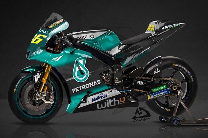 Tampak samping rekaan visual livery motor MotoGP Yamaha M1 Valentino Rossi di tim Petronas Yamaha