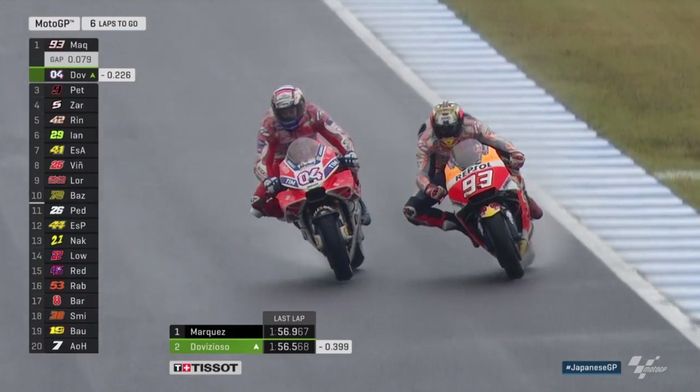 Momen-momen mendebarkan pertarungan antara Andrea Dovizioso dengan Marc Marquez di sirkuit Motegi, mulai enam lap menjelang finish