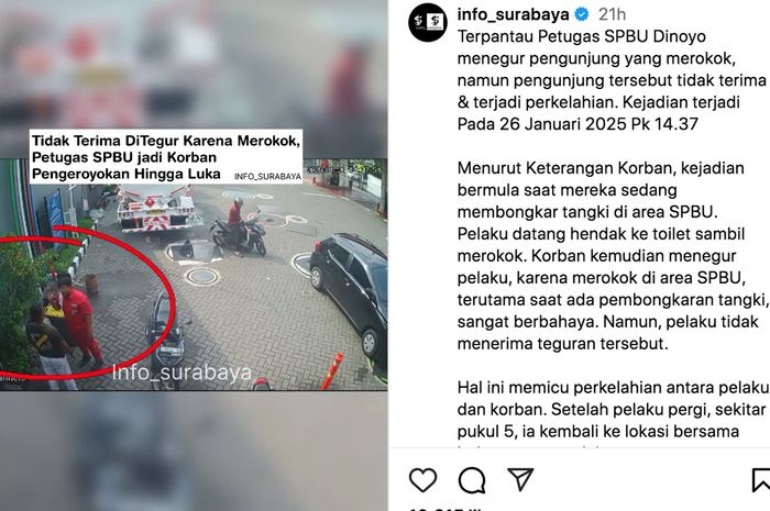Petugas SPBU dikeroyok 7 orang merasa benar di Surabaya karena ngamuk diingatkan tidak merokok 