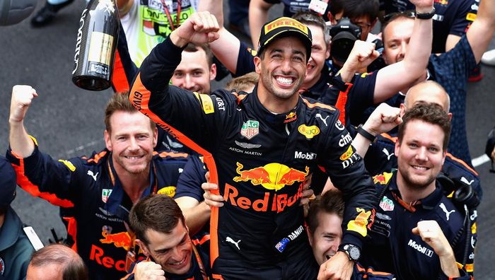 Daniel Ricciardo saat meraih kemenangan terakhirnya bersama Red Bull di GP F1 Monako, 27 Mei 2018