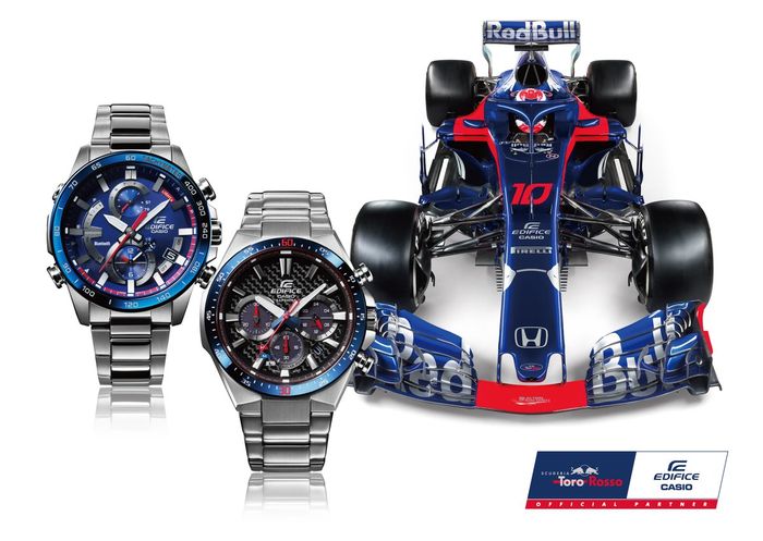 Jam tangan Casio Edifice edisi terbatas, warnanya sama dengan livery mobil F1 tim Toro Rosso