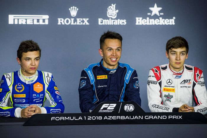 Dari kiri ke kanan: Lando Norris, ALexander Albon dan George Russell. Ketiga pembalap F2 ini kembali bersaing di grid F1 2019