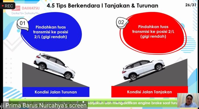 Aji Prima Barus Nurcahya, Technical Service Division Service Training Departement PT ADM, tengah menjelaskan perlakuan transmisi otomatis di beberapa kondisi jalan  