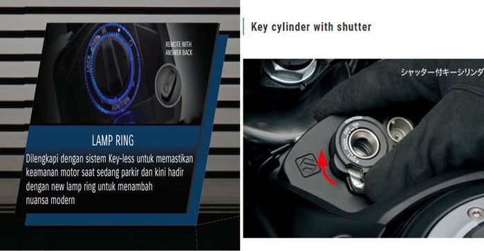 Suzuki GSX-R150 sudah dibekali sistem keyless (kiri), sedangkan GSX-R125 masih pakai shutter key (kanan).jpg