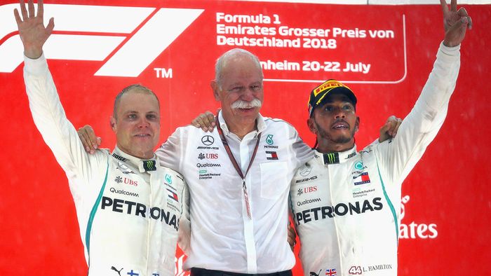 Pembalap Mercedes, Lewis Hamilton dan Valtteri Bottas, finish 1-2 pada GP F1 Jerman yang berlangsung di Hockenheim
