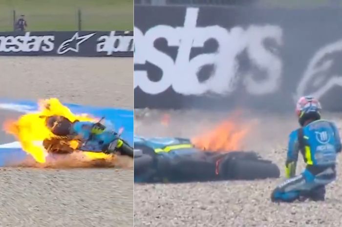 Ai Ogura mengalami crash hingga motornya meledak dan berkobar