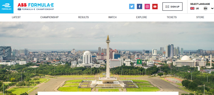 Laman resmi Formula E yang membuat foto Tugu Monas dan berita mengenai Kota Jakarta gelar balapan pada 2020