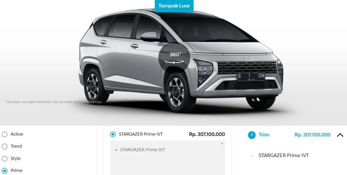 Harga Stargazer Prime IVT di situs resmi Hyundai Indonesia.