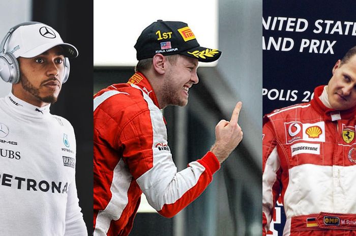 Para Pembalap F1 yang pernah memenangkan GP Jepang lebih dari dua kali, kiri ke kanan: Lewis Hamilton,  Sebastian Vettel, Michael Schumacher