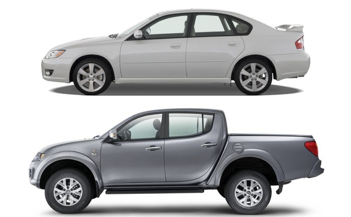 Subaru Legacy (atas) dan Mitsubishi L200 / Triton (bawah) digabung menjadi satu kendaraan.