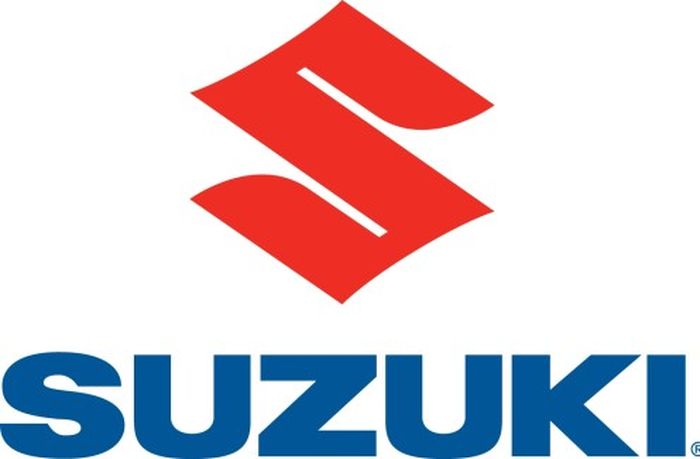 Logo Suzuki, berwarna merah dan tulisan dengan warna biru