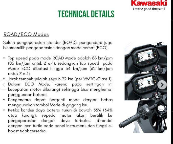 Technical details Kawasaki Ninja e-1 dan Kawasaki Z e-1 yang terpampang di Instagram Kawasaki Indonesia