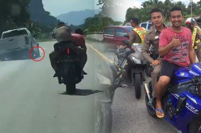 Aksi viral Chainarong Sokoon saat membonceng seorang polisi menembak mobil seorang pelaku tabrak lar