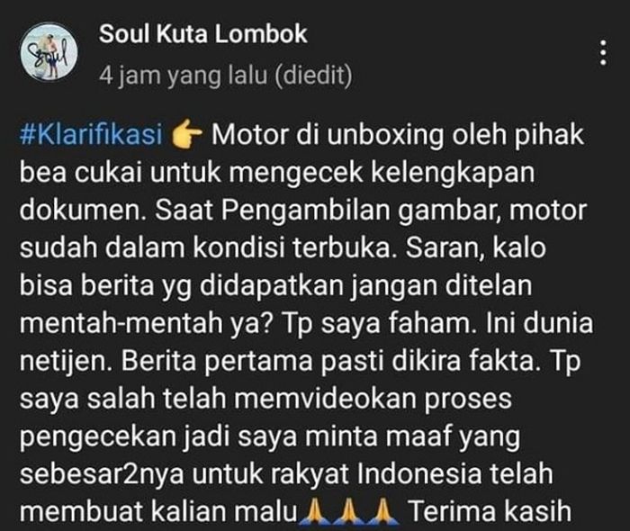 Tangkapan layar klarifikasi dari channel Youtube Soul Kuta Lombok sebelum diedit.