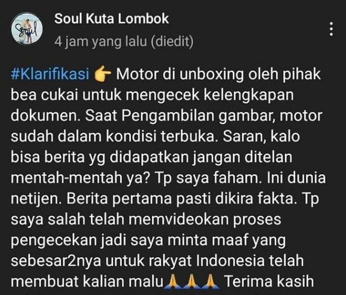 Tangkapan layar klarifikasi dari channel Youtube Soul Kuta Lombok sebelum diedit.