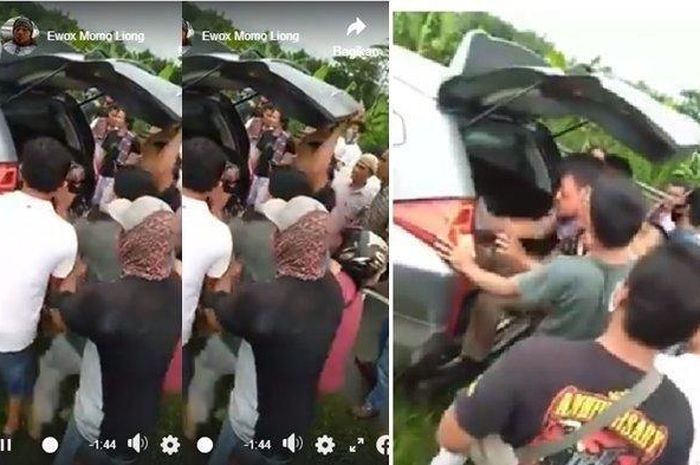 Tangkapan layar video anggota Polsek Sidomulyo, Lampung Selatan dan istri selamatkan jambret dari amukan massa, Jumat (19/6/2020).