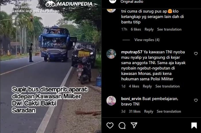 Ketahuan ngeblong di Kawasan Militer Dwi Cakti Bhakti, Saradan, sopir bus jadi kena hukum push up sama aparat TNI.