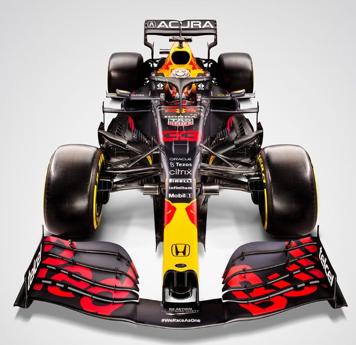 Penampilan livery mobil F1 tim Red Bull untuk di F1 Amerika 2021, ada nama Acura di sayap belakang