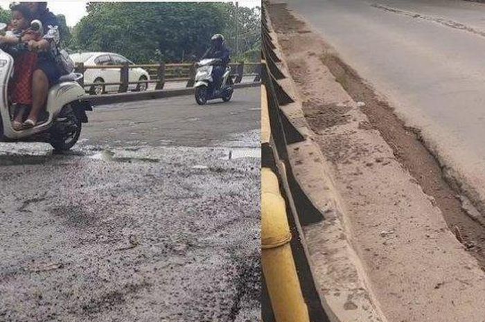 Kondisi Jalan Jaletreng Serpong yang dikeluhkan warga selain kondisinya tampak rapuh, juga aspal di atasnya yang sudah rusak.