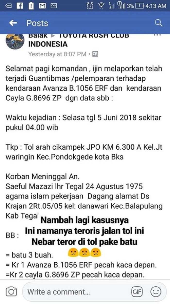 Informasi pelemparan batu di jembatan penyeberangan jalan tol Jatibening