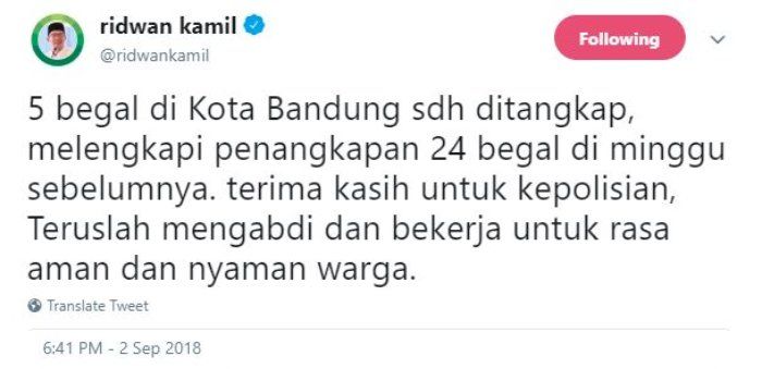 Ucapan terima kasih Ridwan Kamil lewat akun Twitter 