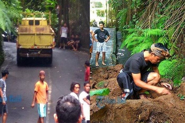 (Kiri) truk yang menabrak dan kabur, (kanan) keluarga korban mencari potongan tubuh