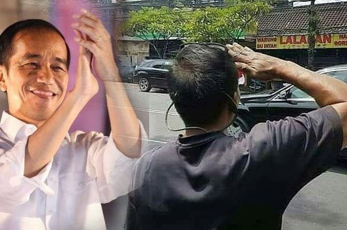 Bapak pekerja bengkel hormat ke iring-iringan mobil Presiden Joko Widodo