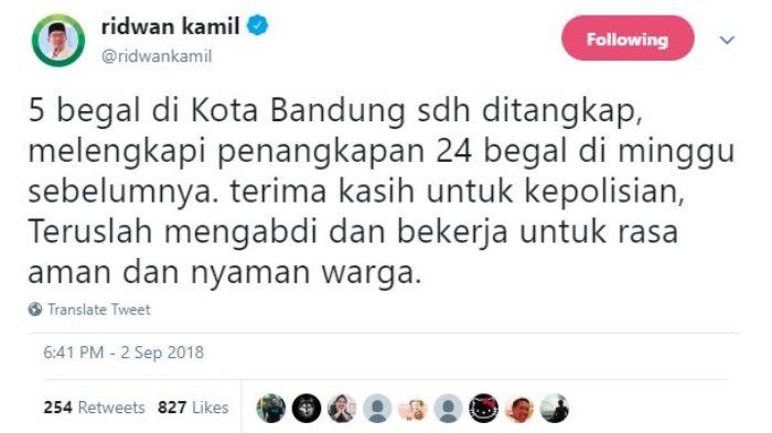 Unggahan Ridwan Kamil di Twitter 
